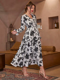 SHEIN Modely Floral Print Shirred Flounce Sleeve Ruffle Hem Dress