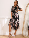 SHEIN Modely Floral Print Tie Front Flounce Sleeve Dress