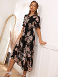 SHEIN Modely Floral Print Tie Front Flounce Sleeve Dress