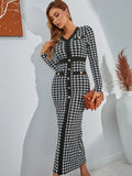 SHEIN Modely Houndstooth Single Breasted Slit Back Bodycon Dress