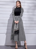 SHEIN Modely Mock Neck Leg-of-mutton Sleeve Houndstooth Dress