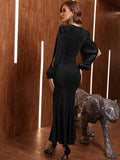SHEIN Modely Rhinestone Split Lantern Sleeve Glitter Dress