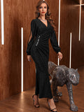 SHEIN Modely Rhinestone Split Lantern Sleeve Glitter Dress