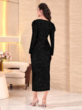 SHEIN Modely Sequin Gigot Sleeve Split Back Ruched Bodycon Dress