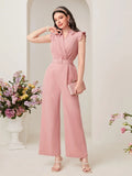 SHEIN Modely Solid Belted Wide Leg Jumpsuit