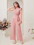 SHEIN Modely Solid Belted Wide Leg Jumpsuit