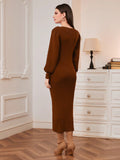 SHEIN Modely Solid Button Detail Lantern Sleeve Bodycon Sweater Dress