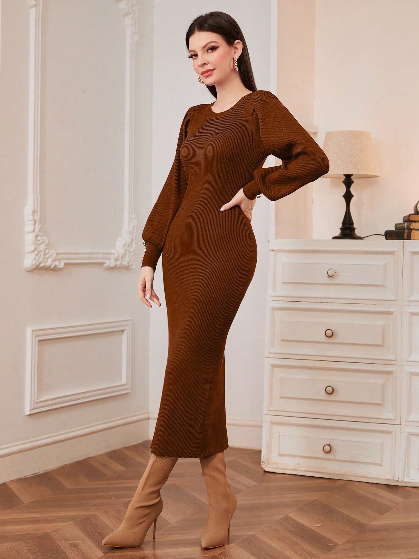 SHEIN Modely Solid Button Detail Lantern Sleeve Bodycon Sweater Dress