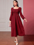 SHEIN Modely Square Neck Ruched Front Lantern Sleeve Dress