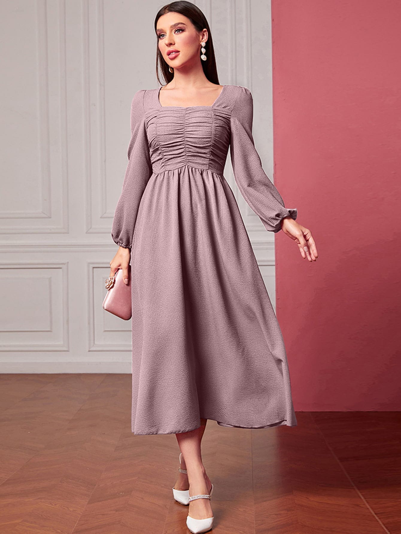 SHEIN Modely Square Neck Ruched Lantern Sleeve Dress