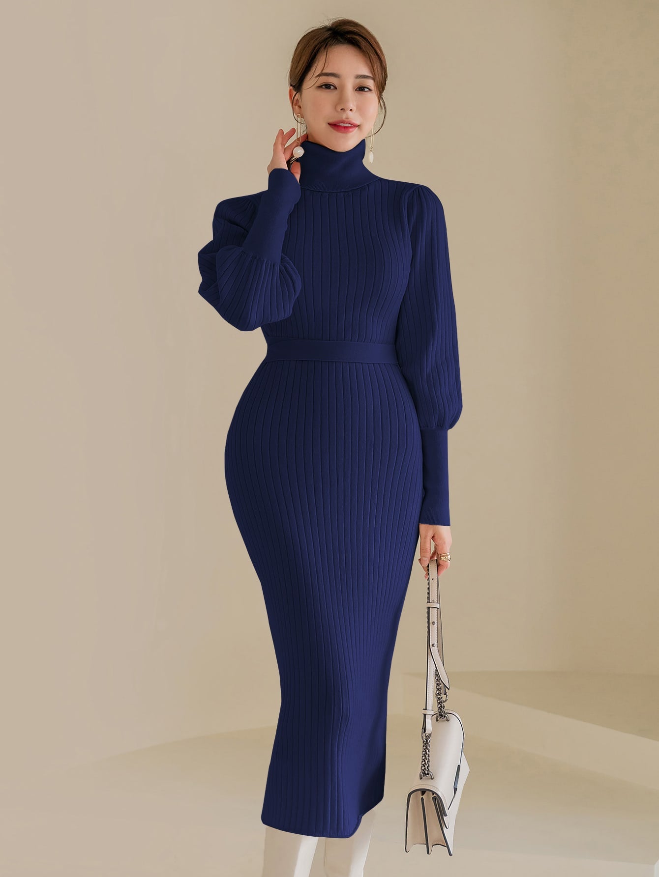 SHEIN Modely Turtle Neck Gigot Sleeve Belted Sweater Dress