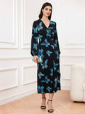 SHEIN Modely Women's Butterfly Print Lantern Sleeve Wrap Tie Dress