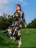 SHEIN Mulvari Floral Print Lantern Sleeve Belted Dress