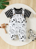 SHEIN Newborn Baby Boys' Striped Knit Comfortable Romper And Cute Animal Printed Dungaree Set For Summer