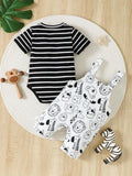 SHEIN Newborn Baby Boys' Striped Knit Comfortable Romper And Cute Animal Printed Dungaree Set For Summer