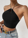 SHEIN Privé Chain Detail Backless Crop Halter Knit Top