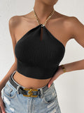 SHEIN Privé Chain Detail Backless Crop Halter Knit Top