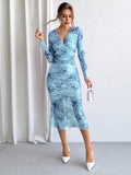 SHEIN Priv̩ Ladies' Tie-Dye Mesh Wrap Neck Long Sleeve Dress