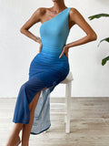 SHEIN Priv̩ Ombre One Shoulder Ruched Side Split Thigh Mesh Overlay Dress