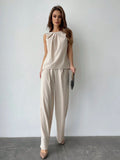SHEIN Privé Solid Color Round Neck Pleated Top And Wide Leg Pants