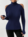 SHEIN Privé Turtleneck Cold Shoulder Ribbed Knit Sweater