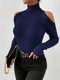 SHEIN Privé Turtleneck Cold Shoulder Ribbed Knit Sweater