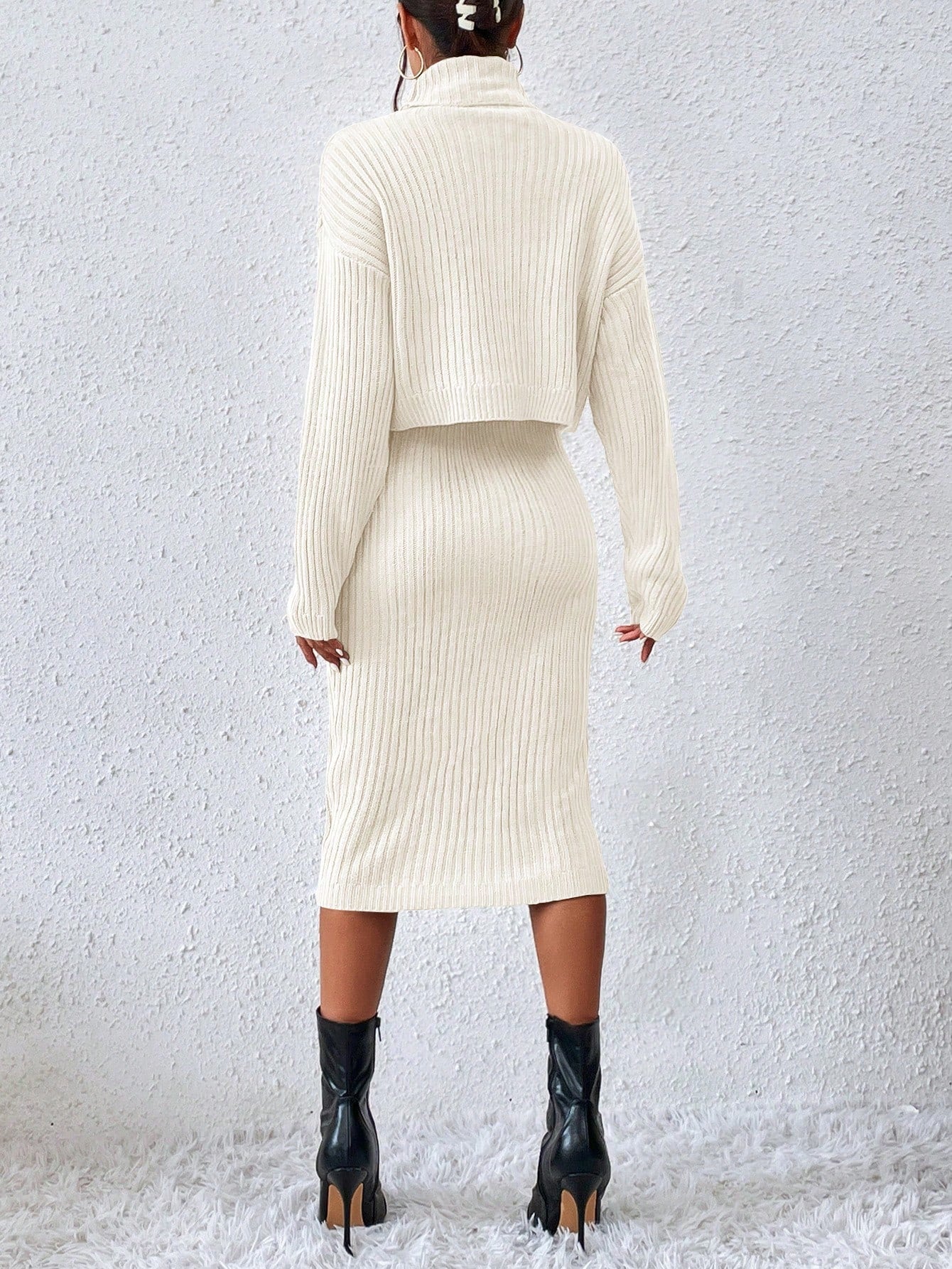 SHEIN Privé Turtleneck Drop Shoulder Sweater & Knit Skirt