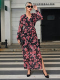 SHEIN Privé Women's Floral Print V-neck Waist Cinched Side Slit Hem Dress