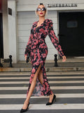 SHEIN Priv̩ Women's Floral Print V-neck Waist Cinched Side Slit Hem Dress