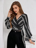 SHEIN Privé Women's Striped Print Raglan Sleeve Crop Tie Front Shirt