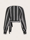 SHEIN Privé Women's Striped Print Raglan Sleeve Crop Tie Front Shirt