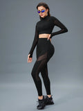 SHEIN Sport Innovista 2pcs Mesh Insert Long Sleeve Crop Top T Waistband Leggings Summer 2piece Outfits Set Women