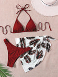 SHEIN Swim Vcay Summer Beach Leaf Print Bikini Set Halter Triangle Bra & High Cut Bottom & Cover Up Skirt 3 Piece Bathing