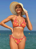 SHEIN Swim Women Summer Beach Floral Printed Halter Tie Bikini Set For Beach Vacation, Random Print