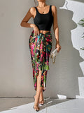 SHEIN VCAY Solid Tank Top & Tropical Print Knot Front Skirt
