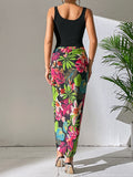 SHEIN VCAY Solid Tank Top & Tropical Print Knot Front Skirt