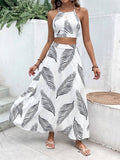 SHEIN VCAY Summer Beach Tropical Print Tie Backless Cami Top & Split Thigh Skirt Two Piece Set