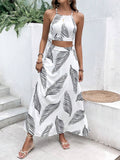 SHEIN VCAY Summer Beach Tropical Print Tie Backless Cami Top & Split Thigh Skirt Two Piece Set