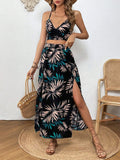 SHEIN VCAY Tropical Print Cami Top & Split Thigh Skirt Two Piece Set