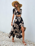 SHEIN VCAY Tropical Print Tie Back Crop Top & Split Thigh Skirt