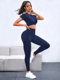 SHEIN Yoga Basic Women's Seamless High Elasticity Sport Short Sleeve Top And Pants Set Workout Set