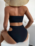 SHEIN Solid Bikini Set Cut-Out Ring Linked Bandeau Bra & High Waisted Bottom 2 Piece Bathing Suit