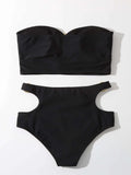 SHEIN Solid Bikini Set Cut-Out Ring Linked Bandeau Bra & High Waisted Bottom 2 Piece Bathing Suit