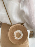 SHEIN Flower Graphic Circle Straw Bag, Vintage Shoulder Beach Bag, Women's Crossbody Purse Mini Flower Decor Straw Bag