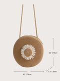 SHEIN Flower Graphic Circle Straw Bag, Vintage Shoulder Beach Bag, Women's Crossbody Purse Mini Flower Decor Straw Bag