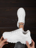 SHEIN Women Chunky Sneakers Lace-up Front Low Top Sports Shoes White, Women's Pu Athletic Running Shoes In White Solid Color