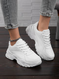 SHEIN Women Chunky Sneakers Lace-up Front Low Top Sports Shoes White, Women's Pu Athletic Running Shoes In White Solid Color