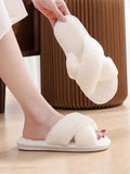 SHEIN Women Cross Strap Fluffy Bedroom Slippers, Fabric Fashion Slippers White