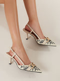 SHEIN Women Floral Embroidered Chain Decor Pumps, Polyester Slingback Stiletto Heeled Fashionable Pumps Beige