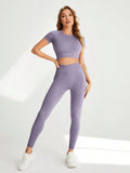 SHEIN Yoga Basic Raglan Short Sleeve Crop Top And High Waist Wide Leggings Sportswear Set